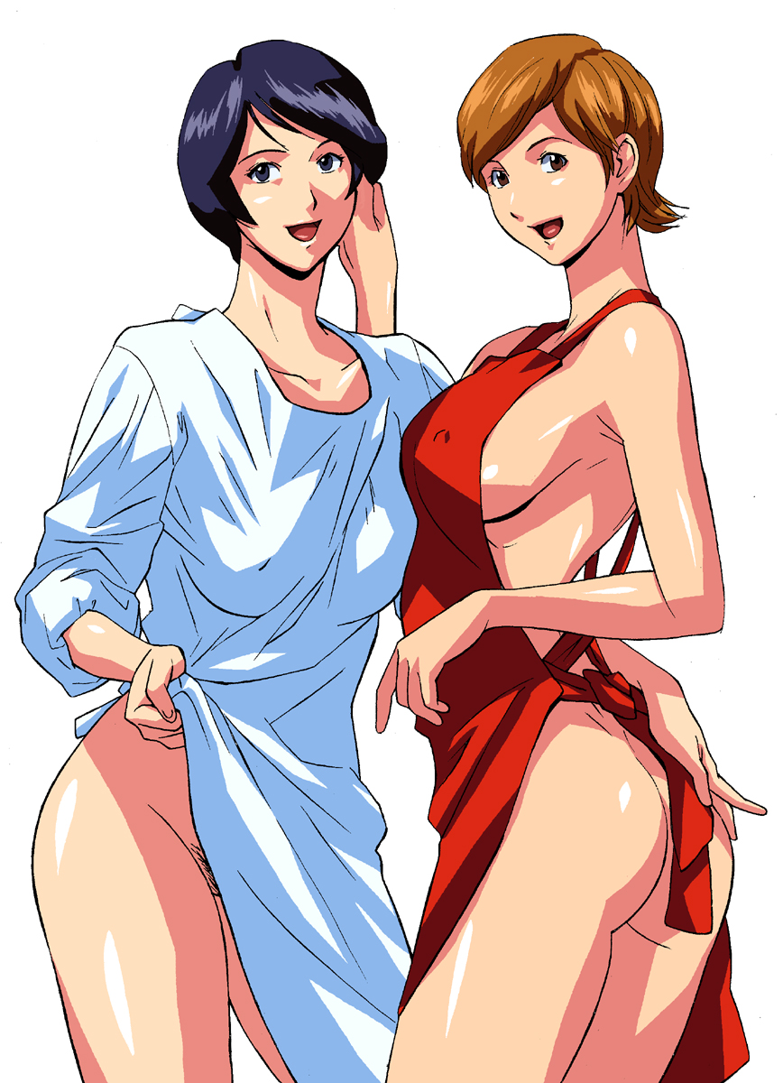 cirima, volvox, touya akiko, hikaru no go, hand on head, character request, highres, 00s, 2girls, apron, armpits, ass, blue eyes, blue hair, breast press, breasts, brown hair, clothes lift, covered erect nipples, dimples of venus, dress, dress lift, female pubic hair, flat ass, grabbing another's ass, groping, happy, housewife, large breasts, looking back, mature female, multiple girls, naked apron, no panties, pubic hair, purple hair, red eyes, short hair, sideboob, smile