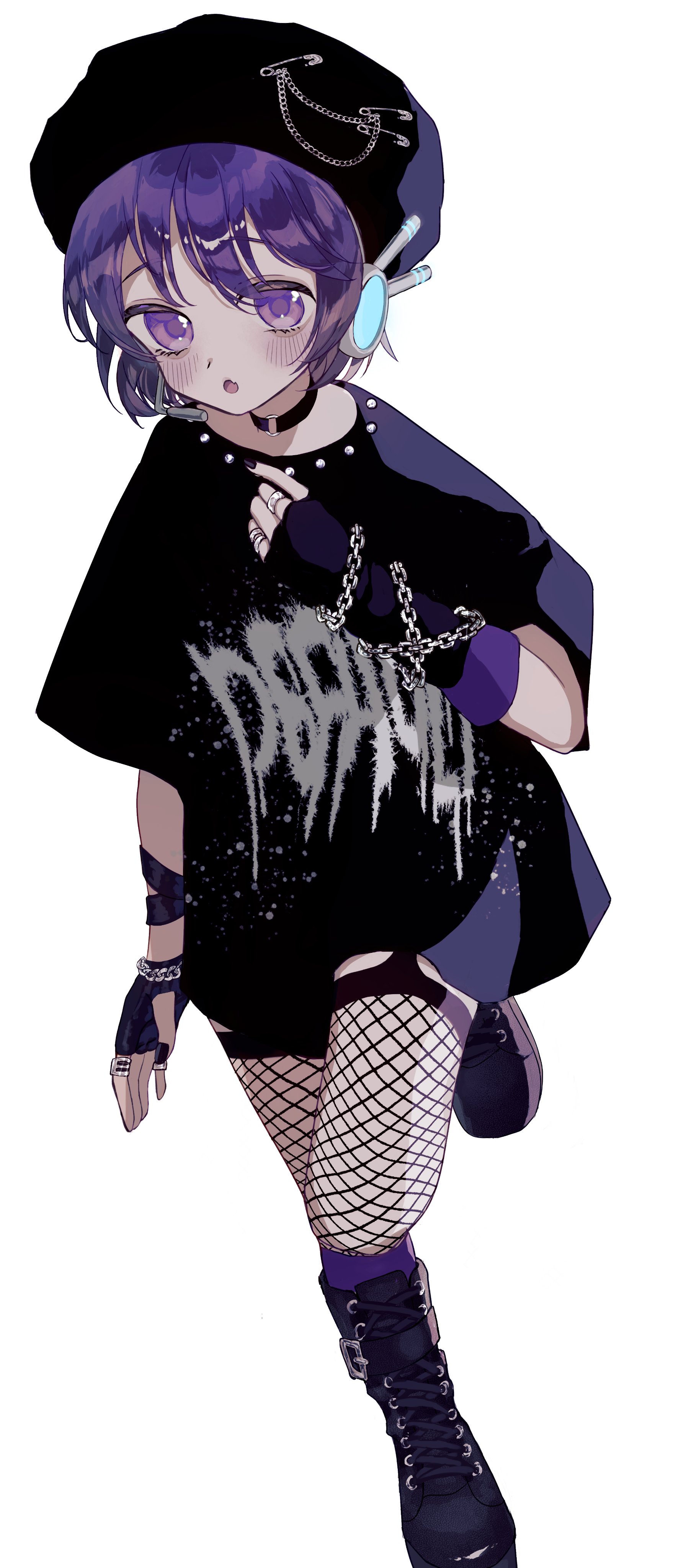 go onnu, utane uta, utau, absurdres, highres, 1girl, alternate costume, beret, boots, chain, choker, clothes writing, elbow gloves, fang, fingerless gloves, fishnets, gloves, hat, headphones, jewelry, leg up, long shirt, looking at viewer, open mouth, purple boots, purple choker, purple eyes, purple hair, purple hat, purple nails, purple shirt, ring, shirt, short hair, simple background, skin fang, solo, white background