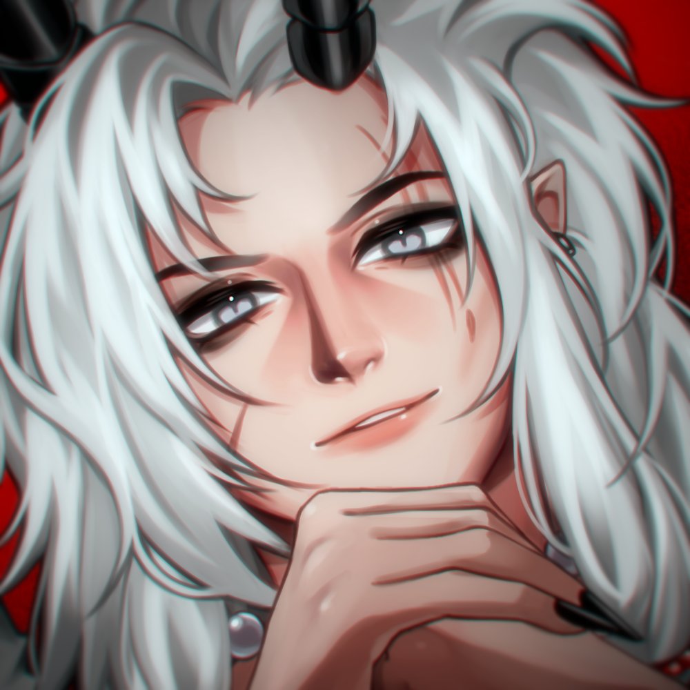 original, commentary, symbol-only commentary, 1boy, black nails, dutch angle, ear piercing, fingernails, grey eyes, im monimon, long hair, looking at viewer, male focus, nail polish, nose, own hands together, parted lips, piercing, portrait, red background, scar, scar across eye, scar on face, simple background, smile, solo, white hair