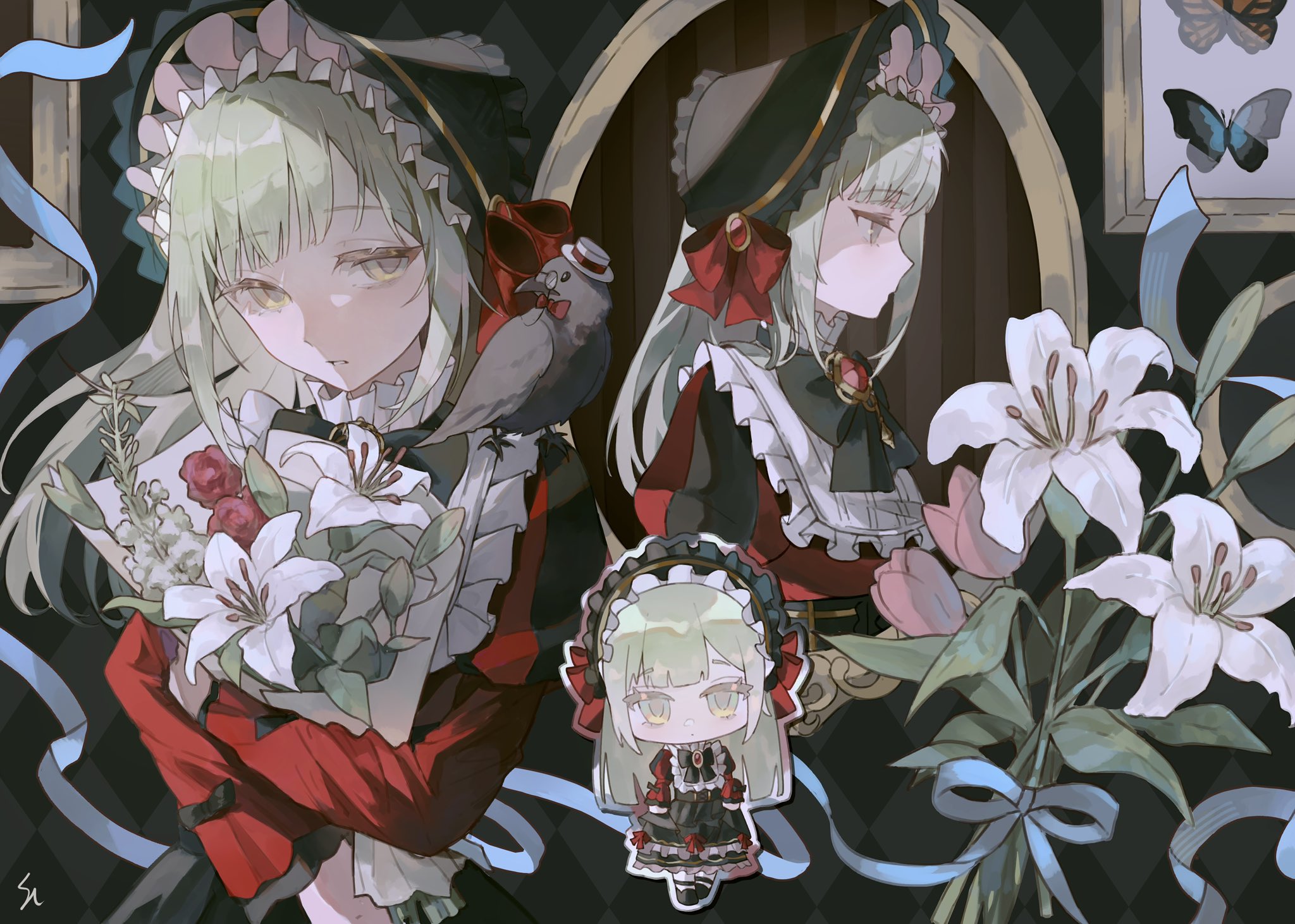 sedith cd, wakaba mutsumi, bang dream!, bang dream! it's mygo!!!!!, white lily, hashtag-only commentary, highres, 1girl, black bonnet, blue ribbon, bonnet, bouquet, bow, bug, butterfly, chibi, chibi inset, flower, framed insect, frilled bonnet, frills, green eyes, green hair, holding, holding bouquet, insect, juliet sleeves, lily (flower), long hair, long sleeves, looking at viewer, multiple views, pink flower, pink tulip, pleated collar, portrait (object), puffy sleeves, red bow, red flower, red rose, ribbon, rose, taxidermy, tulip, white flower