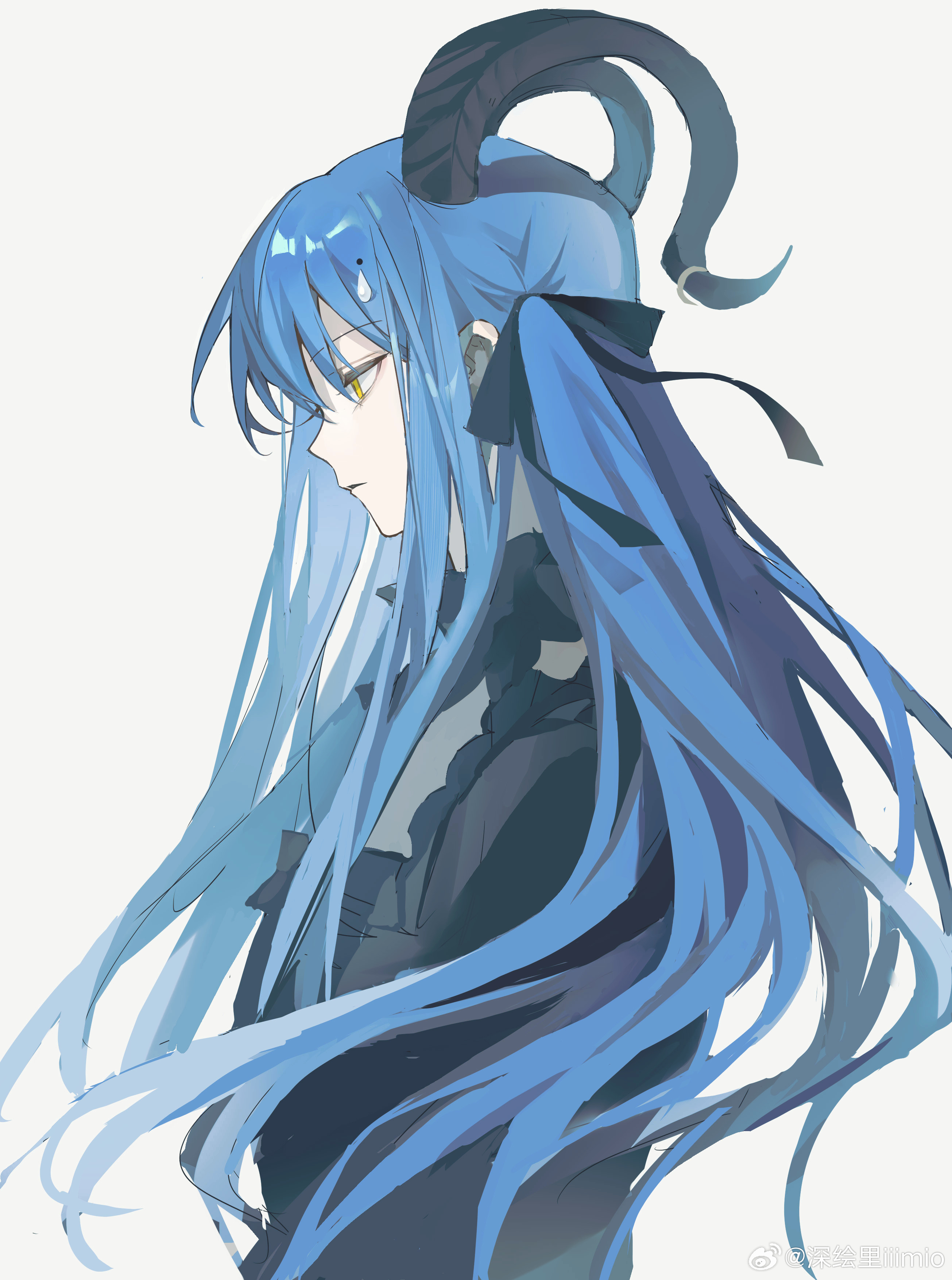 shenhuili, togawa sakiko, arknights, bang dream!, bang dream! it's mygo!!!!!, absurdres, chinese commentary, commentary request, highres, 1girl, black horns, black ribbon, blue hair, closed mouth, curled horns, from side, grey background, hair ribbon, horn ornament, horn ring, horns, long hair, profile, ribbon, sidelocks, simple background, solo, togawa sakiko (master of melodia), two side up, upper body, watermark, weibo watermark, yellow eyes