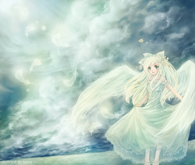 yukise miyu, angel wings, bow, cloud, dress, feathers, flower, hair ornament, lace, solo, wind, wings