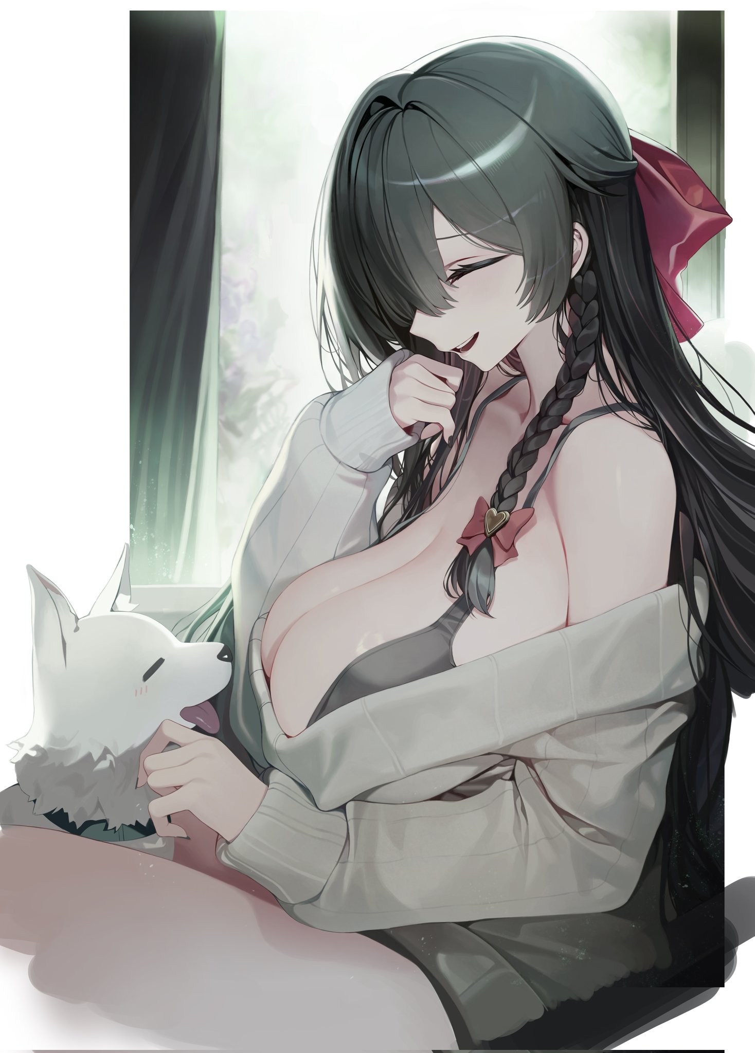 ness (pjw0168), shirayuki hina, stellive, commentary request, highres, korean commentary, 1girl, animal, bare shoulders, black hair, black nails, bow, bra, braid, breasts, cleavage, collarbone, curtains, dog, from side, grey eyes, hair bow, hand up, indoors, large breasts, light particles, long hair, long sleeves, looking ahead, nail polish, off shoulder, open mouth, parted lips, red bow, side braid, single braid, sitting, smile, solo, sweater, thighs, underwear, very long hair, virtual youtuber, window