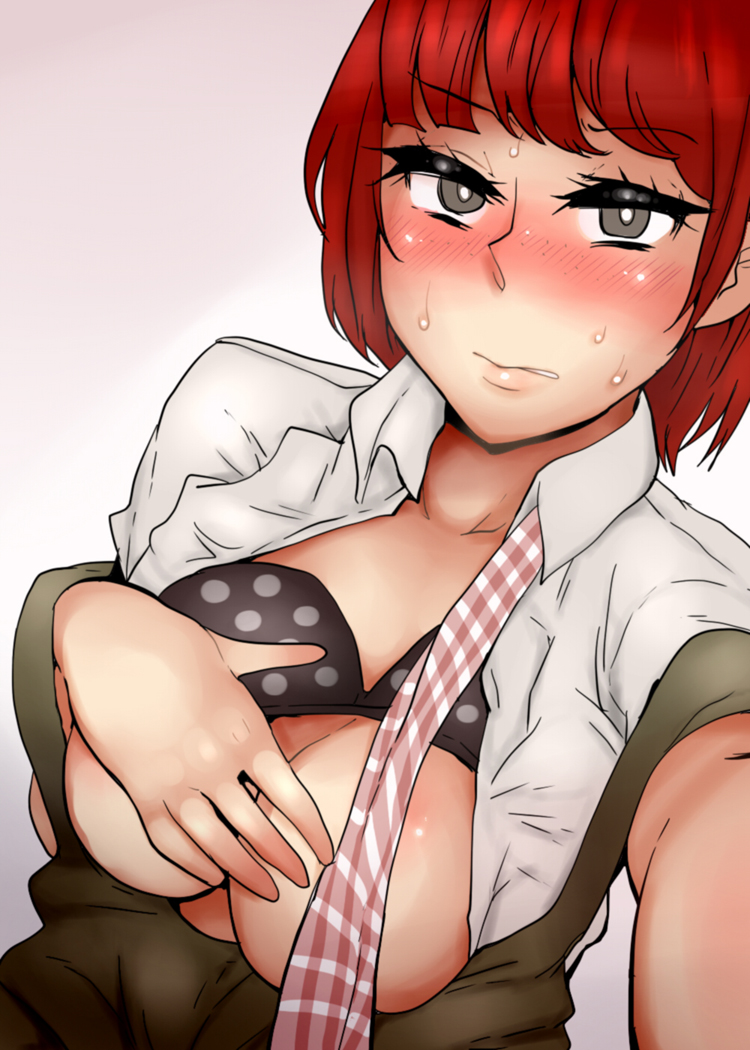 nkdf r, koizumi mahiru, danganronpa (series), danganronpa 2: goodbye despair, 1girl, black bra, blush, bra, bra lift, breasts, collared shirt, dress, embarrassed, freckles, gingham necktie, green dress, grey eyes, hand on own chest, lips, looking at viewer, medium breasts, necktie, nose blush, open clothes, open shirt, plaid clothes, plaid necktie, polka dot, polka dot bra, red hair, shirt, short hair, short sleeves, solo, strap slip, sweat, underwear, undone necktie, white shirt
