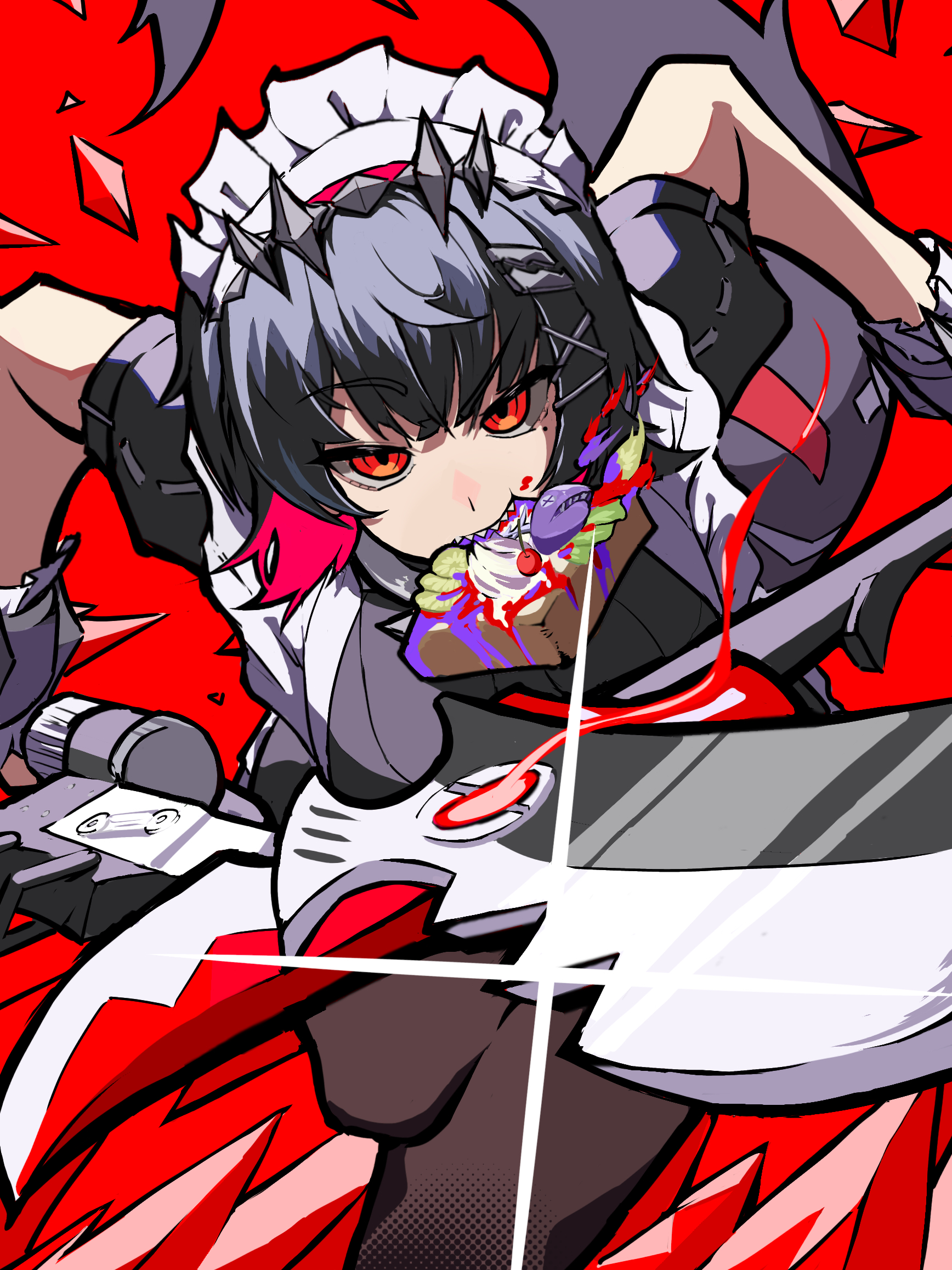 ellen joe, zenless zone zero, highres, 1girl, black hair, colored inner hair, fins, fish tail, food, food in mouth, frilled wristband, hairband, holding, holding weapon, looking at viewer, maid headdress, metal hairband, mole, mole under eye, multicolored hair, razor blade hair ornament, red background, red eyes, red nails, sandwich, scar, scar on tail, shark girl, shark tail, sharp teeth, solo, spiked headband, tail, teeth, user ydwm8228, weapon