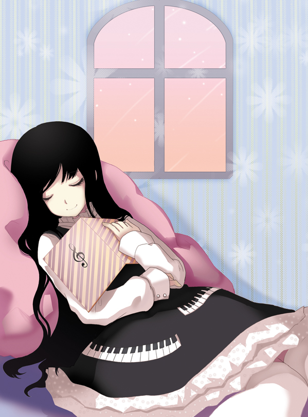 juke, original, bad id, bad pixiv id, 1girl, black hair, female focus, long hair, music, pantyhose, sleeping, smile, solo, white pantyhose, window