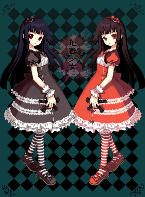 juke, enma ai, jigoku shoujo, black footwear, red footwear, striped legwear, bad id, bad pixiv id, 00s, 2girls, black & white, black dress, black ribbon, blunt bangs, dress, frills, gothic lolita, hime cut, kneehighs, lolita fashion, multiple girls, pantyhose, patterned legwear, red & white, red dress, red ribbon, ribbon, shoes, siblings, sisters, socks, striped clothes, striped pantyhose, twins, two-tone stripes