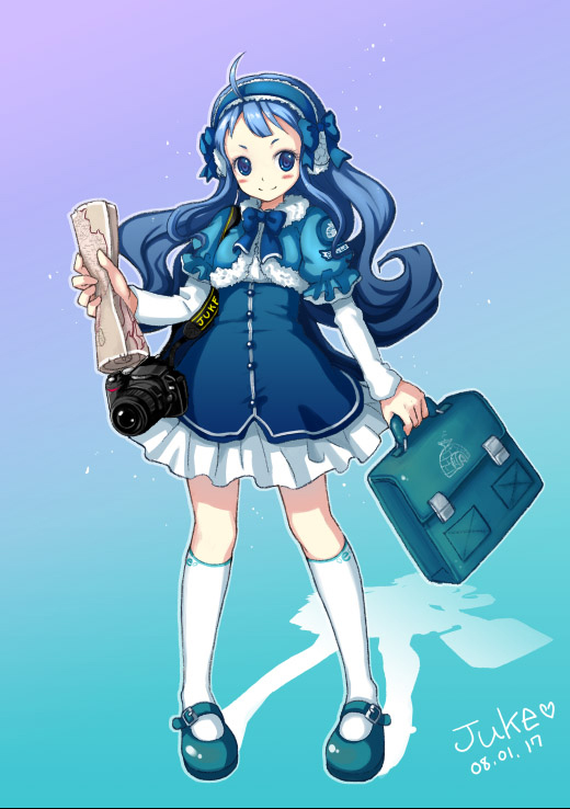 juke, bad id, bad pixiv id, ahoge, bag, blue eyes, blue hair, camera, dress, frills, kneehighs, map, scroll, socks