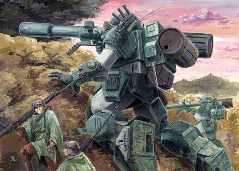 saeki shouji, scopedog, soukou kihei votoms, 1980s (style), official art, 2boys, eyepatch, gun, helmet, hill, m1 bazooka, mecha, military, military uniform, multiple boys, oldschool, retro artstyle, rifle, robot, rocket launcher, weapon
