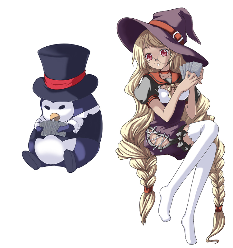 juke, 1girl, bird, blonde hair, braid, card, female focus, glasses, hat, holding, holding card, long hair, penguin, red eyes, sitting, solo, thighhighs, top hat, twin braids, very long hair, white thighhighs, witch hat