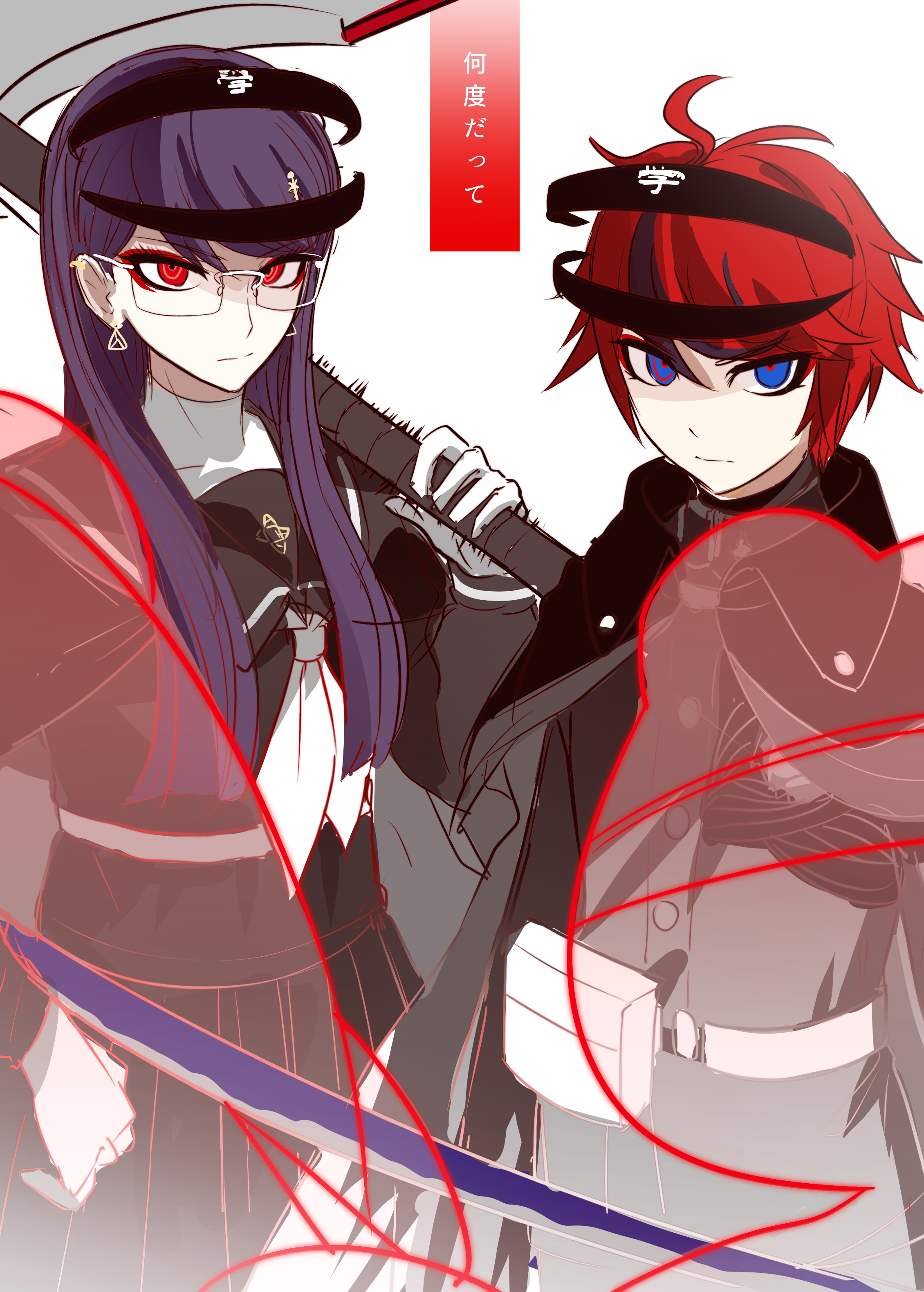 puru6829623335, shizuhara hiruko, sumino takumi, the hundred line -last defense academy-, absurdres, commentary request, highres, translation request, 1boy, 1girl, ahoge, black cape, black hair, black jacket, black sailor collar, cape, closed mouth, earrings, gakuran, glasses, hand on own hip, holding, holding weapon, jacket, jewelry, long hair, long sleeves, looking at viewer, multicolored hair, neckerchief, purple eyes, purple hair, red eyes, red hair, sailor collar, school uniform, short hair, simple background, streaked hair, two-tone hair, weapon, white background, white neckerchief