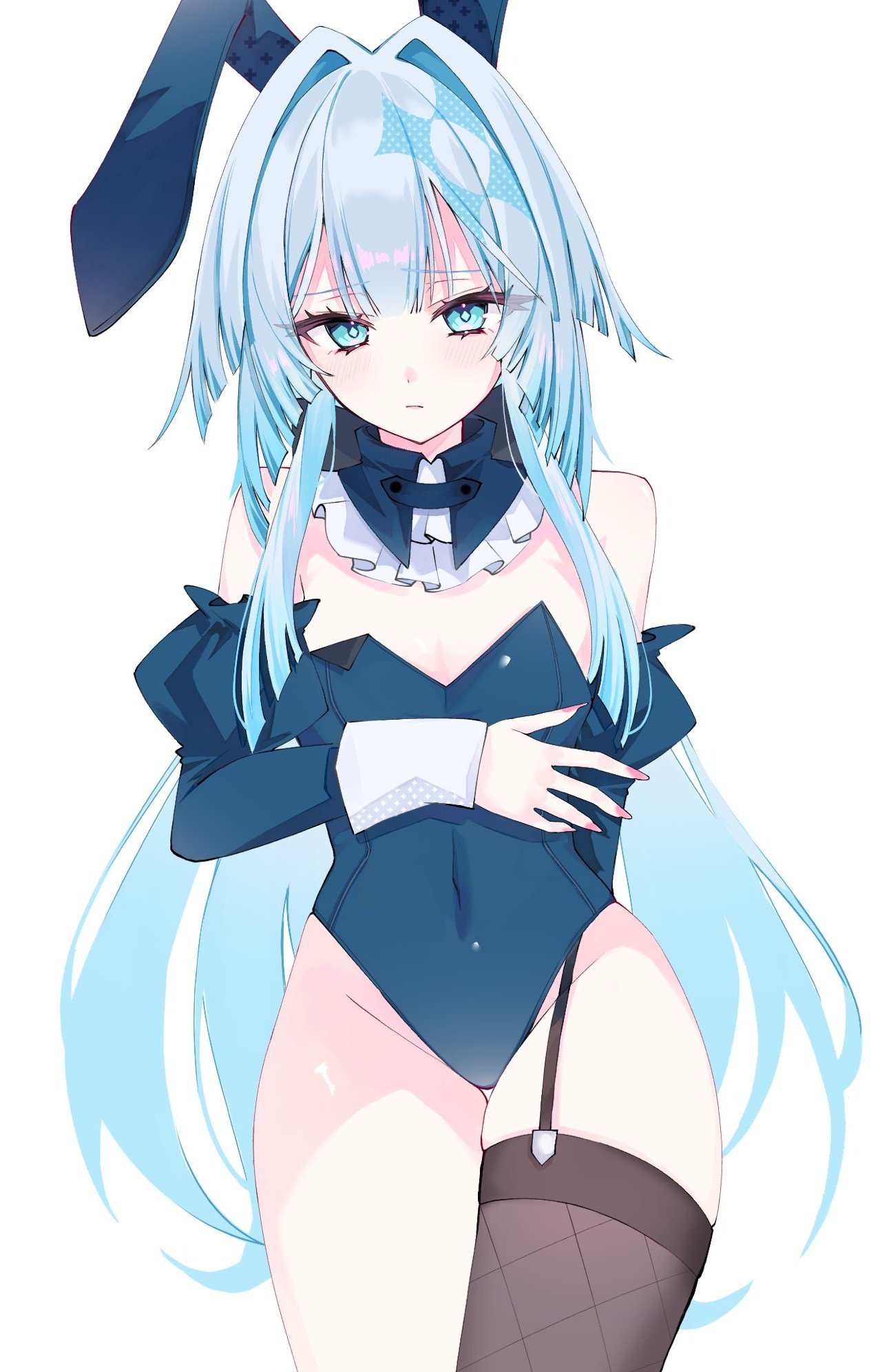 fuka yao, cerydra (honkai: star rail), honkai: star rail, honkai (series), commentary, highres, 1girl, alternate costume, animal ears, bare shoulders, black garter straps, black thighhighs, blue eyes, blue hair, blue leotard, breasts, detached sleeves, fake animal ears, garter straps, hair intakes, leotard, long hair, medium breasts, playboy bunny, rabbit ears, simple background, single garter strap, single thighhigh, solo, thighhighs, thighs, very long hair, white background