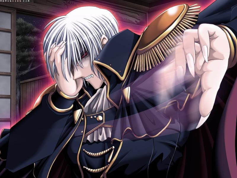 hatozuki tsumiki, saeki hokuto, gowen manilla, kuutei senki, game cg, 1boy, claws, covering one eye, fang, male focus, motion blur, red eyes, short hair, solo, vampire, watermark, white hair