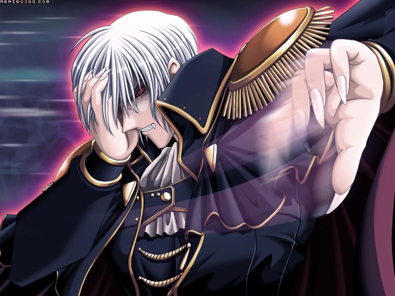 hatozuki tsumiki, saeki hokuto, gowen manilla, kuutei senki, game cg, 1boy, claws, covering one eye, fang, male focus, motion blur, red eyes, short hair, solo, vampire, watermark, white hair