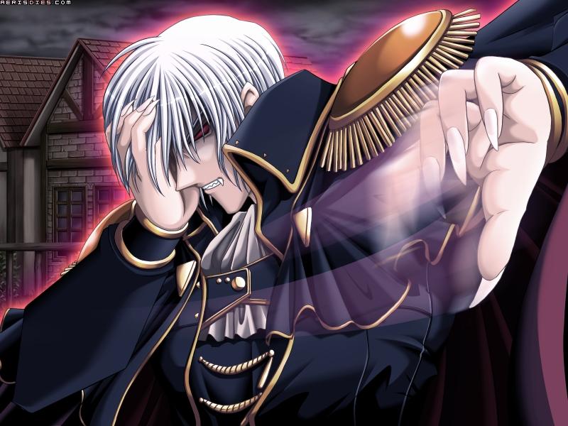 hatozuki tsumiki, saeki hokuto, gowen manilla, kuutei senki, game cg, 1boy, claws, covering one eye, dark, fang, male focus, motion blur, red eyes, short hair, solo, vampire, village, watermark, white hair