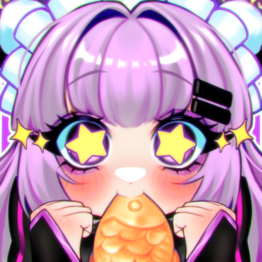 indie virtual youtuber, commentary, 1girl, blush, eyeliner, food, food in mouth, hair intakes, hair ornament, hairclip, hands up, im monimon, long hair, looking at viewer, makeup, mouth hold, parallel hairclips, plushgiraffe (vtuber), portrait, purple eyeliner, purple eyes, purple hair, solo, sparkle, star-shaped pupils, star (symbol), straight-on, symbol-shaped pupils, taiyaki, virtual youtuber, wagashi