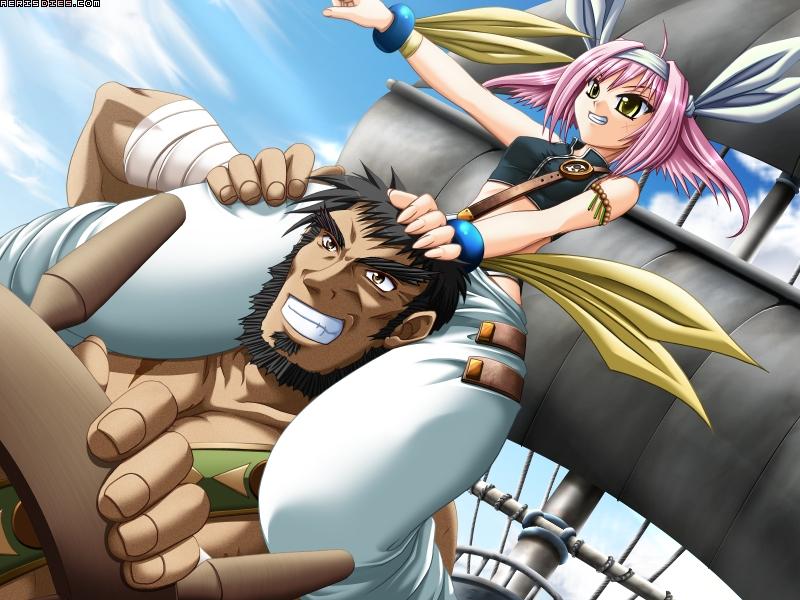 hatozuki tsumiki, saeki hokuto, patty grand, robert grand, kuutei senki, game cg, 1boy, ahoge, armlet, black hair, brown eyes, cloud, dark skin, day, facial hair, father and daughter, foreshortening, grin, halterneck, hand on another's head, headband, jewelry, midriff, outdoors, pink hair, pirate, ribbon, ship, short hair, sky, smile, soul patch, thick eyebrows, topless male, watercraft, watermark, web address, yellow eyes