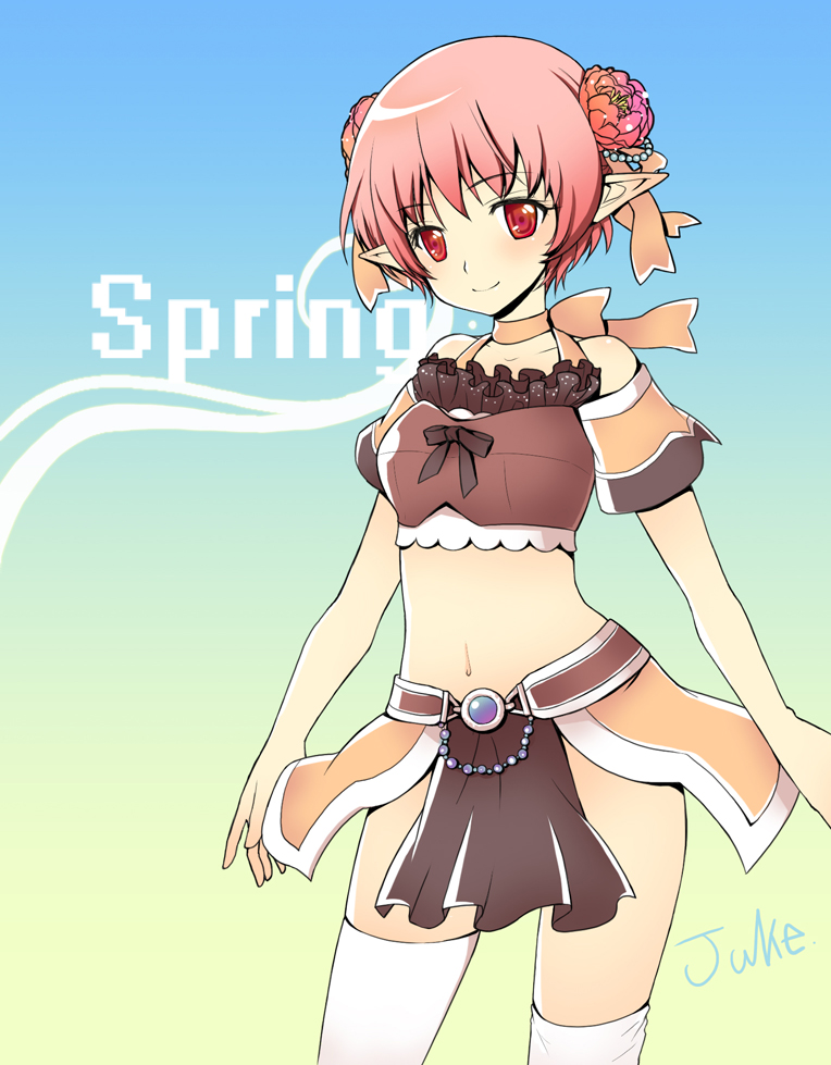 juke, original, bad id, bad pixiv id, 1girl, female focus, flower, frills, hair ornament, loose thighhigh, midriff, navel, pink hair, pointy ears, red eyes, ribbon, short hair, solo, thighhighs, white thighhighs