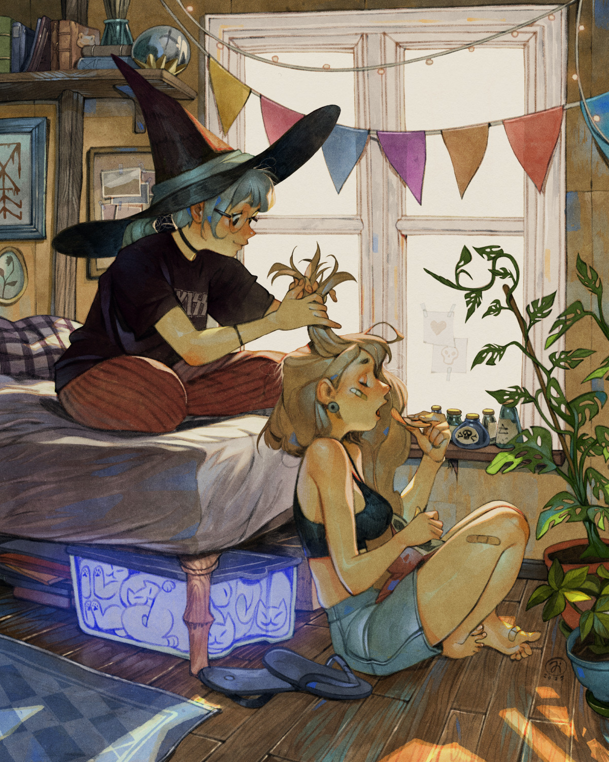 simz, original, highres, 2girls, bandaid, bandaid on face, bandaid on foot, bandaid on leg, barefoot, black choker, black hat, black shirt, blonde hair, blue hair, blue shorts, book, bracelet, cat, choker, closed eyes, crop top, earrings, eating, ghost, glasses, hat, indoors, jewelry, long hair, looking at another, looking to the side, multiple girls, on bed, pants, plant, playing with another's hair, poison, ponytail, potted plant, rug, sandals, shirt, shorts, sitting, string of flags, string of light bulbs, striped clothes, striped pants, unworn sandals, window, window shadow, witch hat