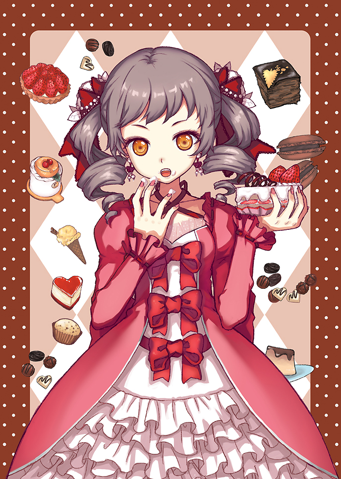 juke, 1girl, cake, chocolate, cream, dessert, drill hair, earrings, eating, female focus, food, frills, fruit, gothic lolita, hair ornament, ice cream, ice cream cone, jewelry, lolita fashion, macaron, nail polish, open mouth, pastry, pink nails, red nails, solo, strawberry, strawberry shortcake, twin drills, twintails, wafer stick