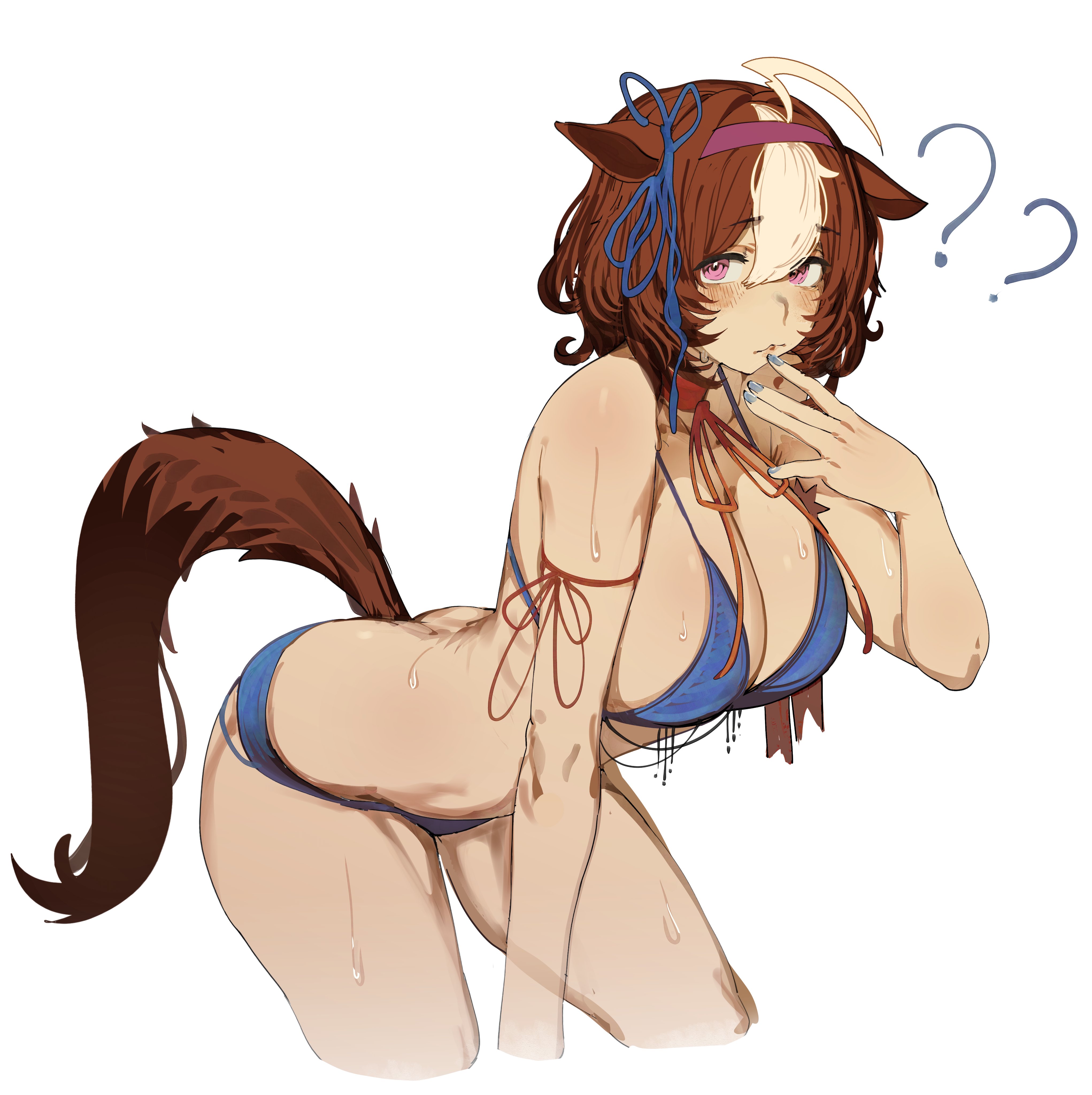 tomatolover16, meisho doto (umamusume), umamusume, absurdres, commentary, english commentary, highres, 1girl, ?, ??, animal ears, arm ribbon, bikini, blue bikini, blue nails, blue ribbon, breasts, brown hair, cleavage, closed mouth, cropped legs, hair ribbon, hairband, horse ears, horse girl, horse tail, large breasts, looking at viewer, multicolored hair, pink eyes, purple hairband, red ribbon, ribbon, simple background, solo, streaked hair, swimsuit, tail, wet, white background, white hair