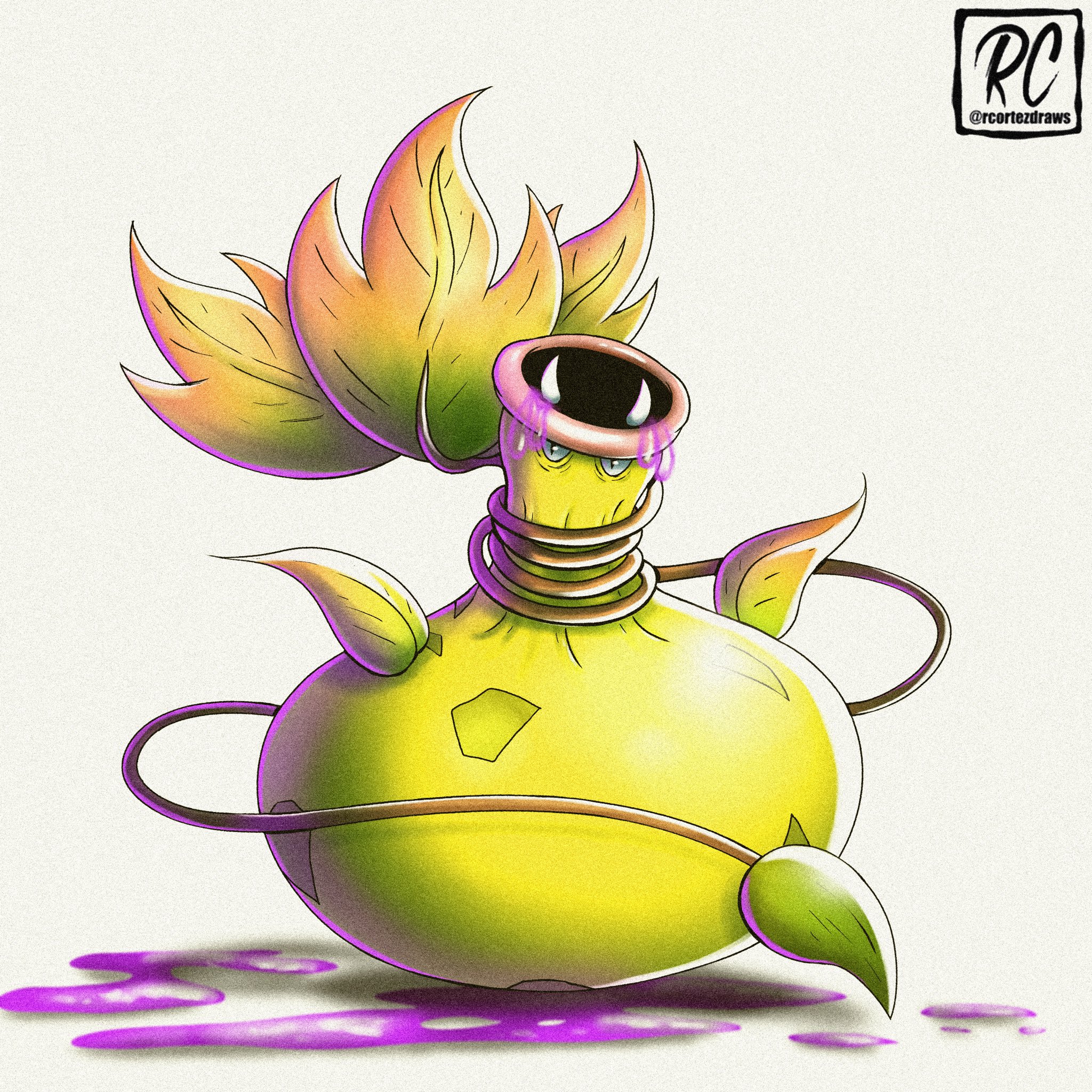 rcortezdraws, mega victreebel, victreebel, nintendo, pokemon, pokemon legends: z-a, highres, acid, colored skin, fangs, full body, gen 1 pokemon, leaf, mega pokemon, no humans, open mouth, pink lips, plant, plant monster, poison, pokemon (creature), pokemon focus, simple background, vines, yellow skin
