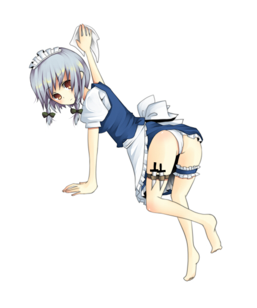 umi (umi02), izayoi sakuya, touhou, bad id, bad pixiv id, 1girl, ass, bent over, cleaning, dress, female focus, frilled thigh strap, full body, knife, looking back, maid, panties, ribbon, short hair, simple background, solo, thigh strap, throwing knife, underwear, weapon, white background