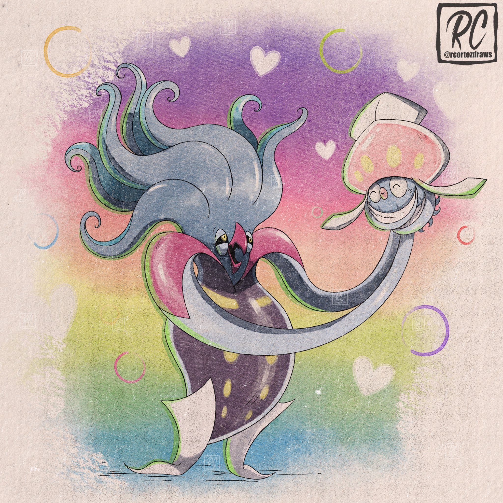 rcortezdraws, inkay, malamar, nintendo, pokemon, highres, beak, closed eyes, closed mouth, colored sclera, evolutionary line, gen 6 pokemon, heart, no humans, open mouth, pokemon (creature), pokemon focus, smile, squid, tentacles, yellow eyes
