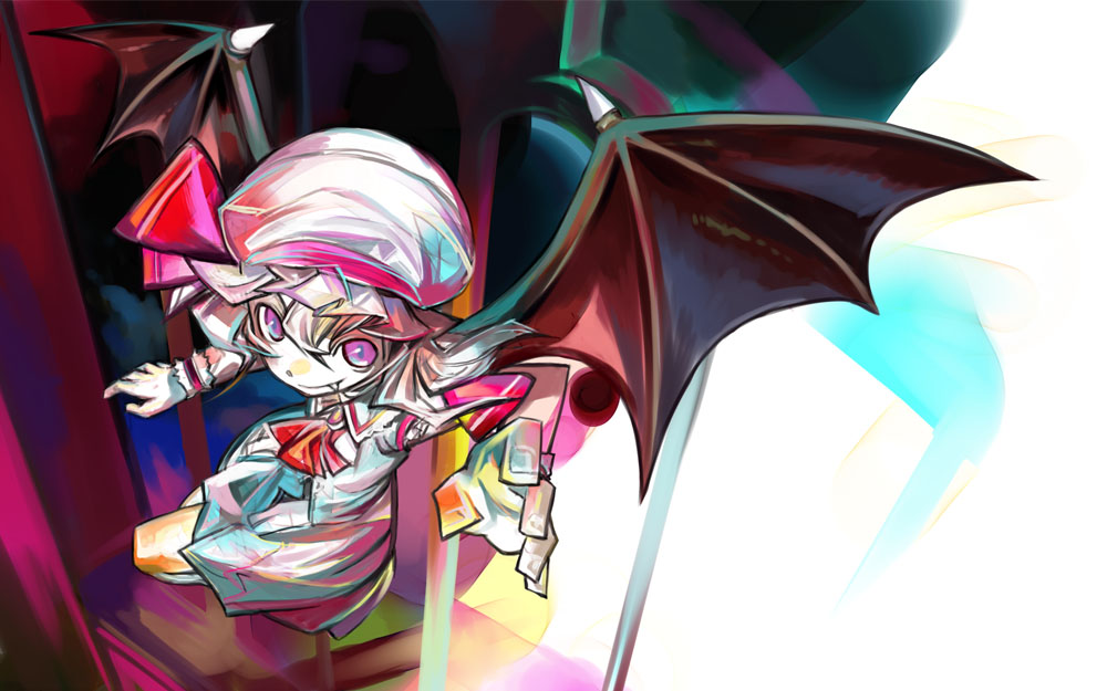 mizuta kenji, remilia scarlet, touhou, 1girl, blue hair, female focus, flying, hat, ribbon, short hair, solo, wings