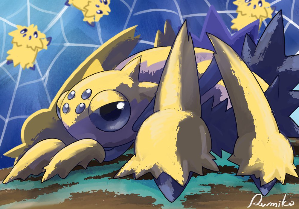 rumiko (vertlapin96), galvantula, joltik, nintendo, pokemon, animal focus, blue eyes, bug, evolutionary line, extra eyes, extra legs, full body, gen 5 pokemon, no humans, pokemon (creature), pokemon focus, silk, spider, spider web, tarantula, yellow fur