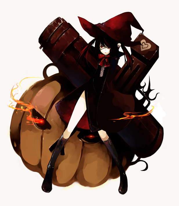 riku (artist), riku (wana), original, bad id, bad pixiv id, boots, eyepatch, hat, jack-o'-lantern, pumpkin, red eyes, red hair, skull, solo, witch hat