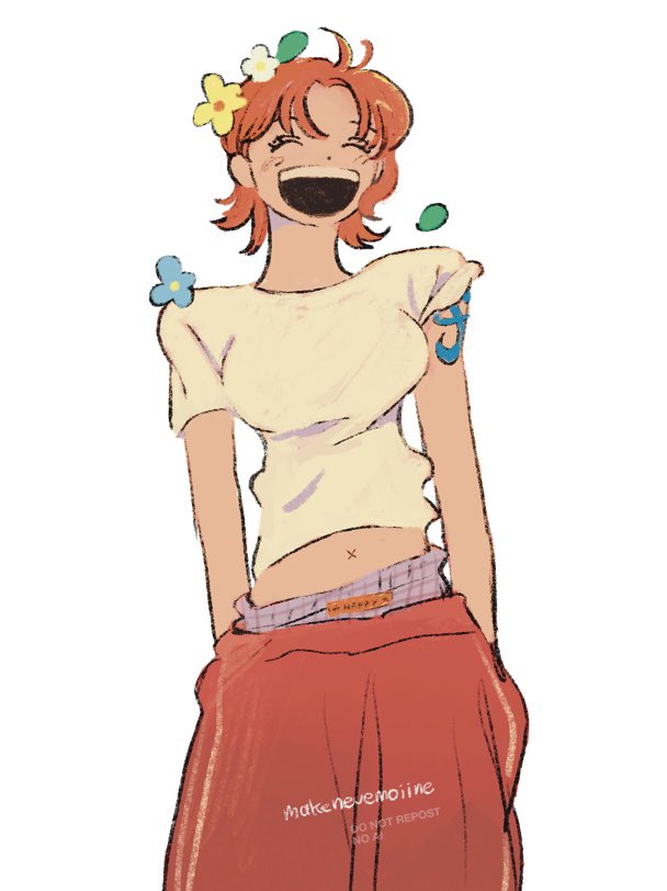 makenevemoiine, nami (one piece), one piece, commentary, 1girl, alternate costume, artist name, baggy pants, blue flower, blush, breasts, closed eyes, cowboy shot, flower, hair flower, hair ornament, leaf, medium breasts, midriff peek, navel, open mouth, orange hair, pants, red pants, shirt, short hair, short sleeves, shoulder tattoo, simple background, smile, solo, tattoo, teeth, upper teeth only, white background, white flower, white shirt, yellow flower