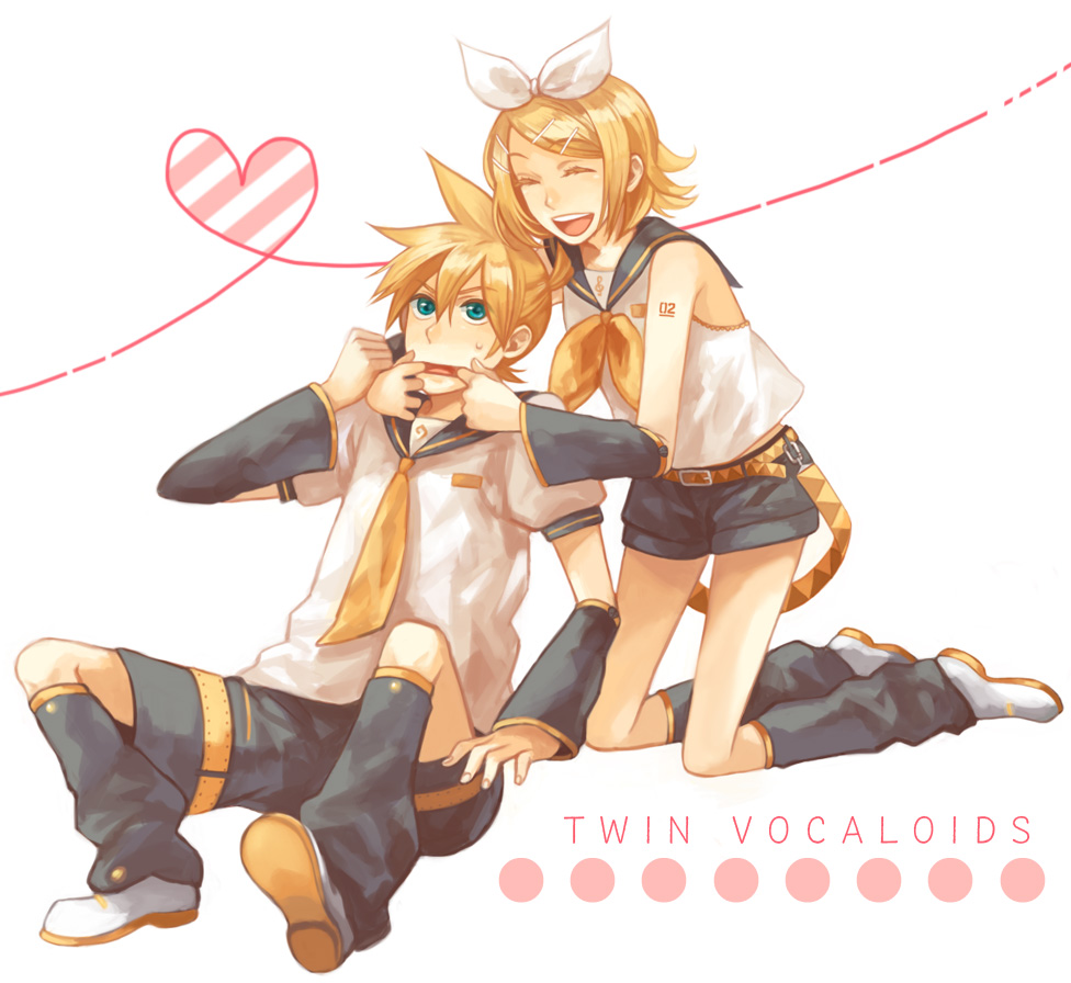 monaka, kagamine len, kagamine rin, vocaloid, bad id, bad pixiv id, 1boy, 1girl, blonde hair, brother and sister, cheek pinching, closed eyes, detached sleeves, hair ornament, hair ribbon, hairclip, happy, kneeling, pinching, ribbon, short hair, shorts, siblings, sitting, twins