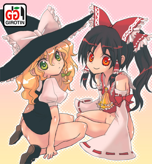 girotin ginza, hakurei reimu, kirisame marisa, touhou, striped, 2girls, black hair, blonde hair, bottomless, braid, detached sleeves, female focus, green eyes, hat, multiple girls, no panties, no pants, panties, red eyes, underwear, witch hat