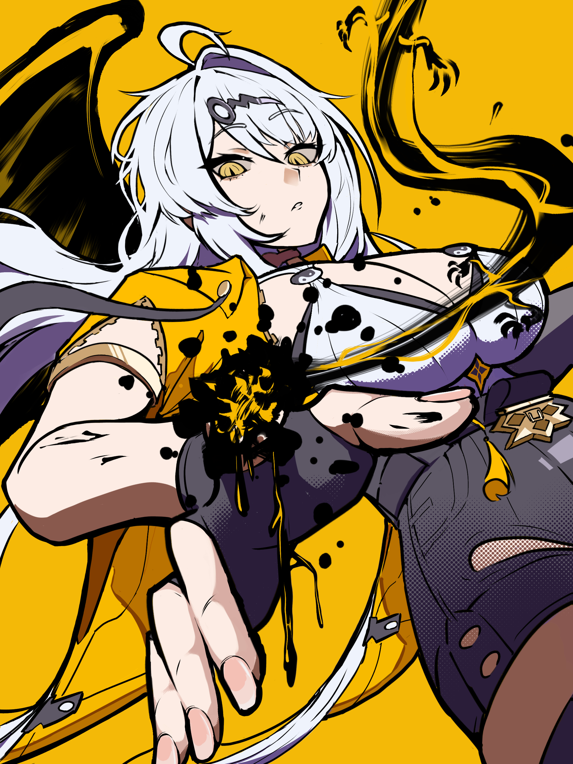 yixuan (zenless zone zero), zenless zone zero, absurdres, highres, 1girl, arm strap, asymmetrical gloves, black unitard, breasts, fingerless gloves, gloves, grey hair, hair ornament, hairpin, high-waist shorts, ink, jacket, long hair, mole, mole on breast, mole on chest, shorts, single hair intake, solo, uneven gloves, user ydwm8228, wings, yellow background, yellow eyes, yellow jacket, yin yang pin