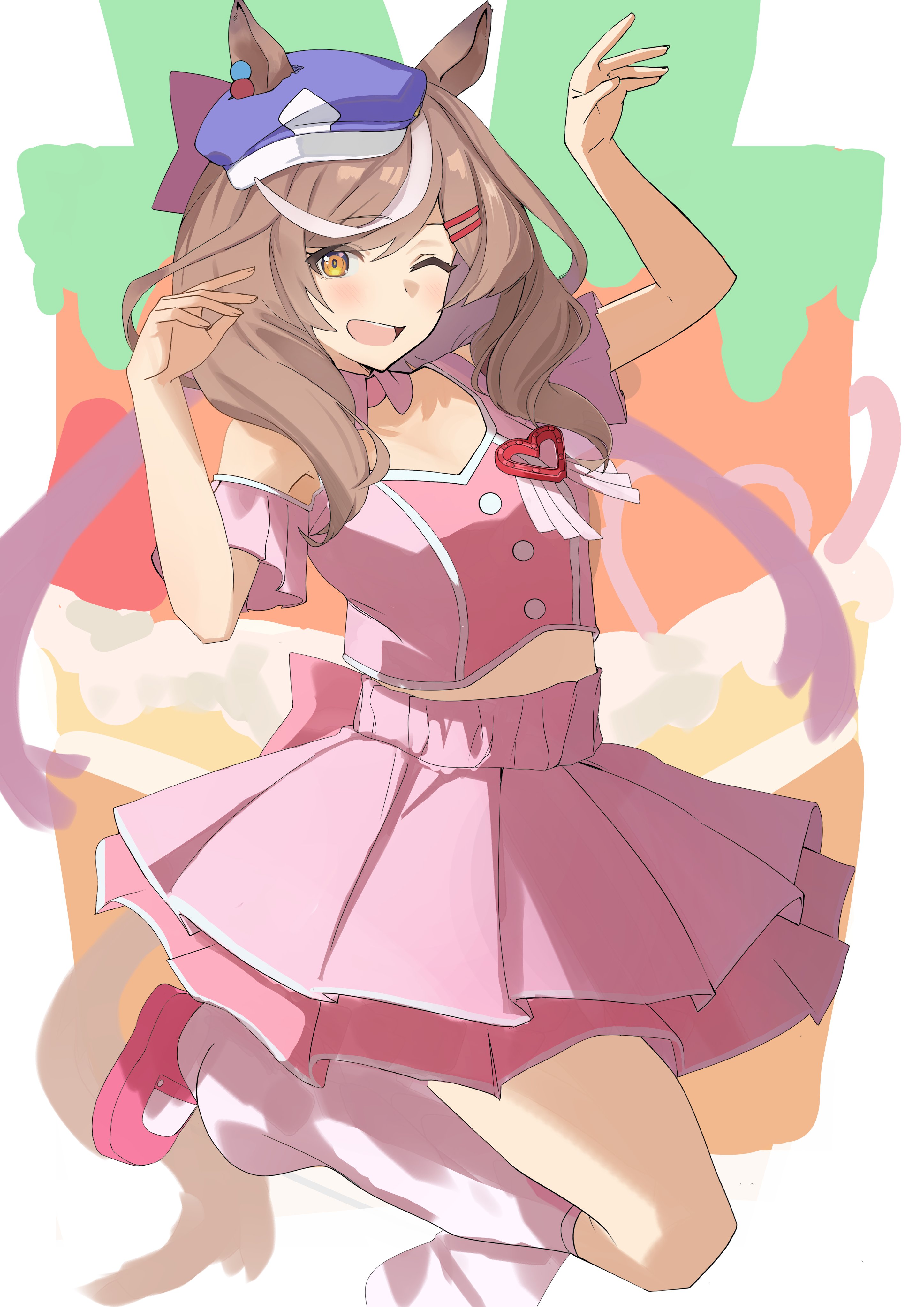 noritama 0410, matikanetannhauser (umamusume), umamusume, absurdres, highres, 1girl, animal ears, blush, breasts, brown hair, cropped shirt, detached collar, ear ornament, ears through headwear, hair ornament, hairclip, hat, heart, horse ears, horse girl, horse tail, layered skirt, long hair, looking at viewer, loose socks, meni shuki rush-sshu!, midriff, multicolored hair, newsboy cap, one eye closed, open mouth, pink shirt, pink shoes, pink skirt, pink socks, shirt, shoes, skirt, smile, socks, solo, streaked hair, tail, yellow eyes