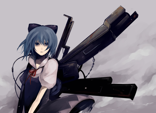 riku (artist), riku (wana), chise, chise (saishuu heiki kanojo), cirno, saishuu heiki kanojo, touhou, bad id, bad pixiv id, 1girl, bow, cable, cloud, crossover, female focus, mecha, mecha musume, pale skin, parody, robot, solo, wind