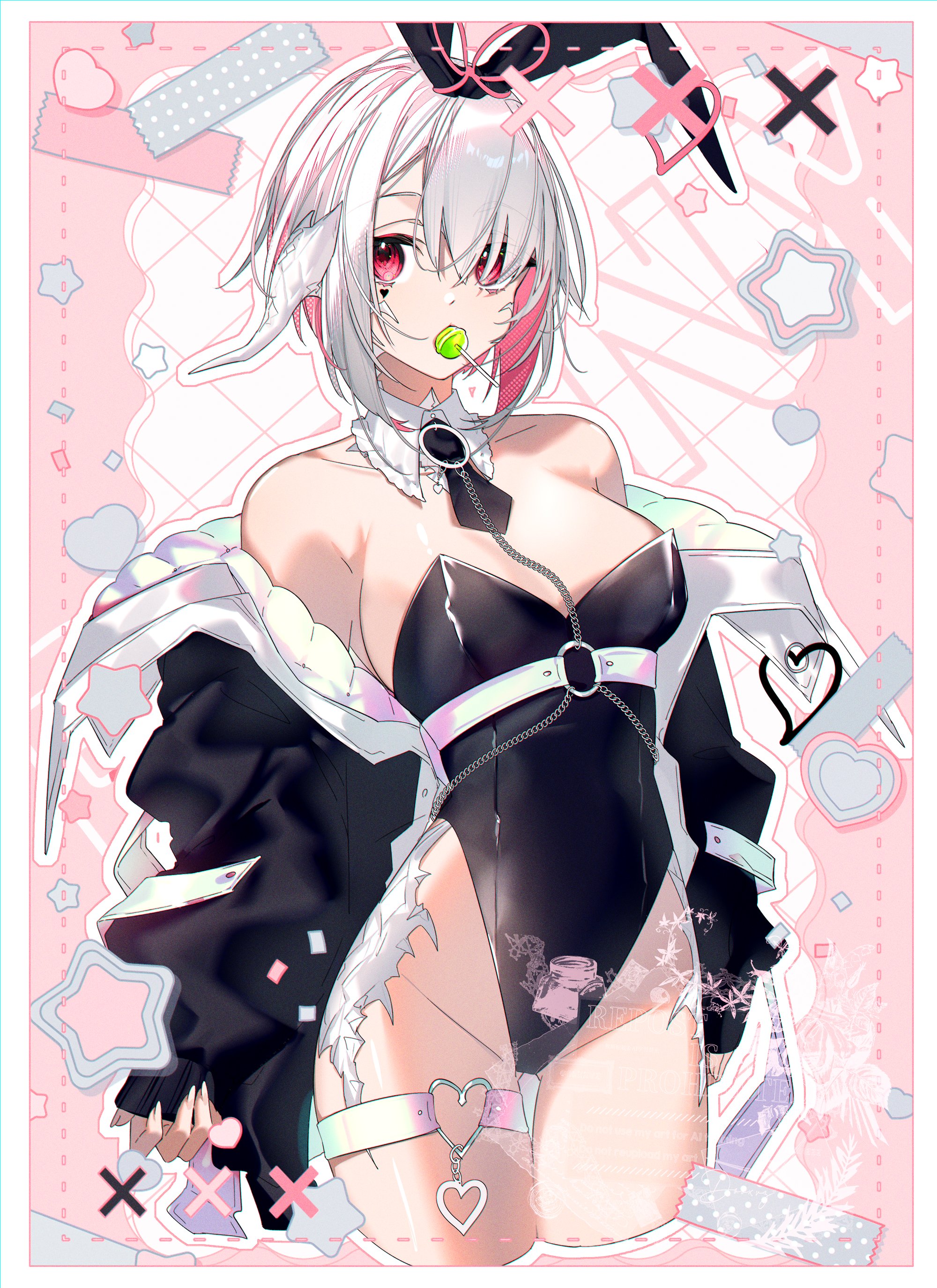 motsuni (lxxe1120), warrior of light (ff14), final fantasy, final fantasy xiv, absurdres, highres, 1girl, animal ears, au ra, bare shoulders, black jacket, black leotard, breasts, colored inner hair, detached collar, dragon girl, dragon horns, facial tattoo, fake animal ears, heart, heart o-ring, heart tattoo, highleg, highleg leotard, horns, jacket, jacket partially removed, leotard, lollipop in mouth, looking at viewer, multicolored hair, necktie, o-ring, pink hair, playboy bunny, rabbit ears, red eyes, scales, short hair, short necktie, solo, strapless, strapless leotard, tattoo, thigh strap, white hair