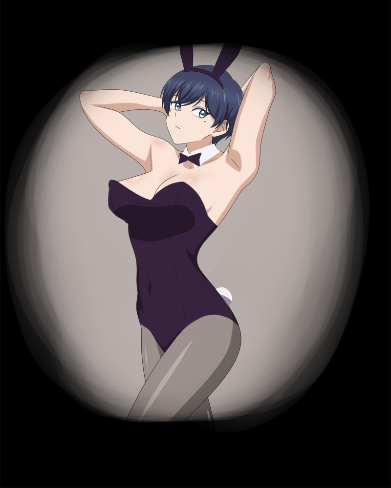 konbi ani, ame to kimi to, armpits, arms behind head, black hair, blue eyes, breasts, cleavage, covered navel, leotard, mole, mole under eye, playboy bunny, short hair, strapless