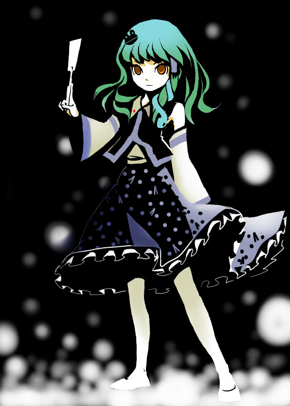 3105, biry2 (pixiv3105), kochiya sanae, touhou, bad id, bad pixiv id, 1girl, black background, female focus, full body, green hair, japanese clothes, long hair, miko, solo, standing