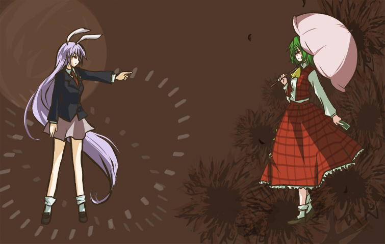 hazuki (starblue), kazami yuuka, reisen udongein inaba, touhou, 2girls, animal ears, ascot, blazer, danmaku, female focus, green hair, jacket, long hair, multiple girls, necktie, plaid clothes, plaid skirt, plaid vest, pointing, profile, purple hair, rabbit ears, red eyes, short hair, skirt, skirt set, spell card, umbrella, very long hair, vest