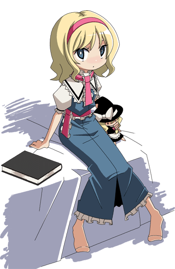 mzh, alice margatroid, kirisame marisa, touhou, 1girl, bed, blonde hair, book, character doll, doll, female focus, hairband, simple background, sitting, socks, solo