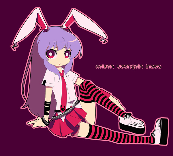mzh, reisen udongein inaba, touhou, 1girl, alternate costume, animal ears, casual, contemporary, female focus, legs, lying, rabbit ears, simple background, solo, striped clothes, striped thighhighs, thighhighs