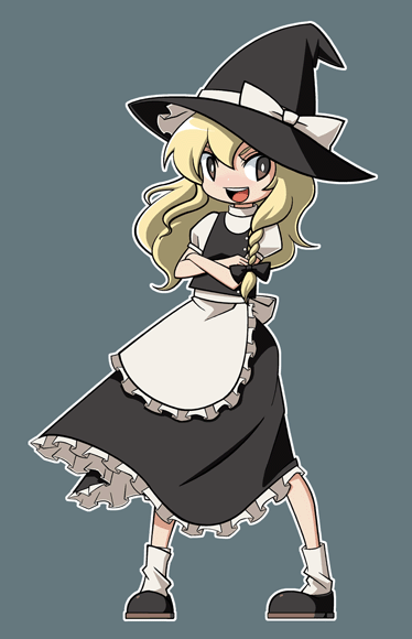 mzh, kirisame marisa, touhou, 1girl, :d, apron, black bow, black eyes, black hat, black shoes, black skirt, black vest, blonde hair, bow, braid, crossed arms, female focus, frilled apron, frills, full body, hair bow, hat, hat bow, hat ribbon, legs apart, long hair, mary janes, open mouth, puffy short sleeves, puffy sleeves, ribbon, shirt, shoes, short sleeves, simple background, skirt, smile, socks, solo, standing, vest, waist apron, white apron, white bow, white ribbon, white shirt, white socks, witch hat