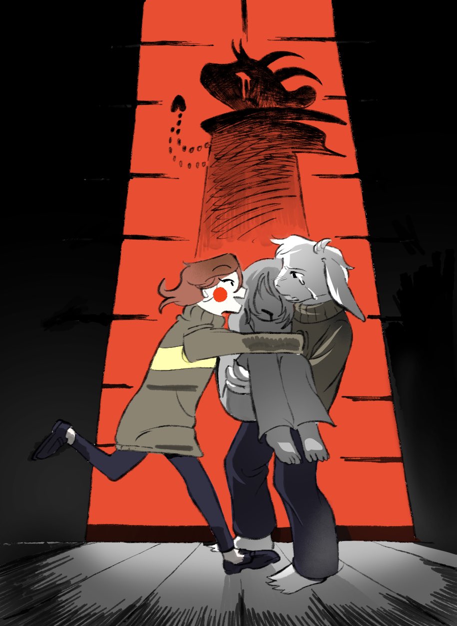 asriel dreemurr, asriel dreemurr (god of hyperdeath), chara (undertale), undertale, utdr (toby fox), highres, angwest0, blush, brown hair, crying, goat boy, goat horns, horns, jewelry, locket, pendant, striped clothes