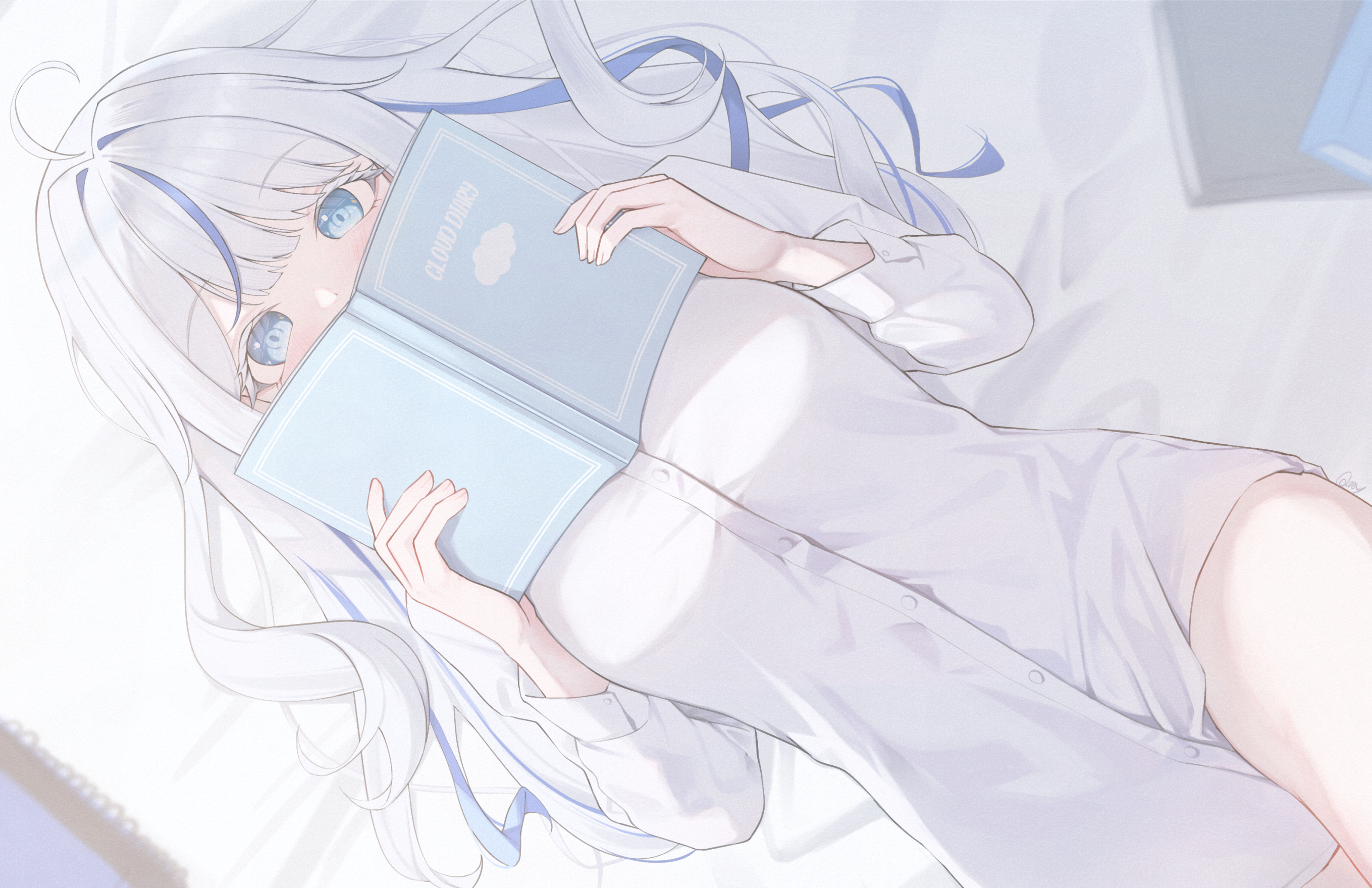 qoray7, aokumo rin, stellive, commentary, highres, 1girl, ahoge, artist name, bed sheet, blue eyes, blue hair, blush, book, breasts, colored eyelashes, covering own mouth, cowboy shot, from above, hair intakes, hands up, holding, holding book, large breasts, long hair, long sleeves, looking at viewer, looking up, lying, multicolored hair, on back, on bed, raised eyebrows, shirt, solo, streaked hair, virtual youtuber, white eyelashes, white hair, white shirt