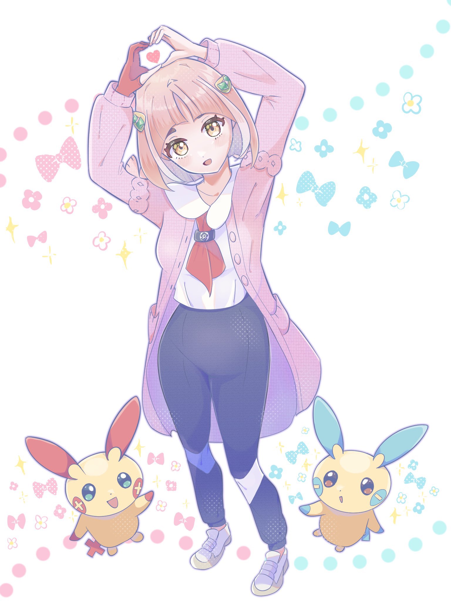 boronttt, lacey (pokemon), minun, plusle, nintendo, pokemon, pokemon sv, highres, 1girl, arched bangs, blue pants, blush, brown eyes, cardigan, collared shirt, eyelashes, gen 3 pokemon, gloves, hair ornament, hairclip, heart, heart hands, long sleeves, looking at viewer, neckerchief, open cardigan, open clothes, open mouth, pants, pink cardigan, pink hair, pokemon (creature), purple cardigan, red gloves, red neckerchief, shirt, short hair, single glove, smile, white shirt, yellow eyes