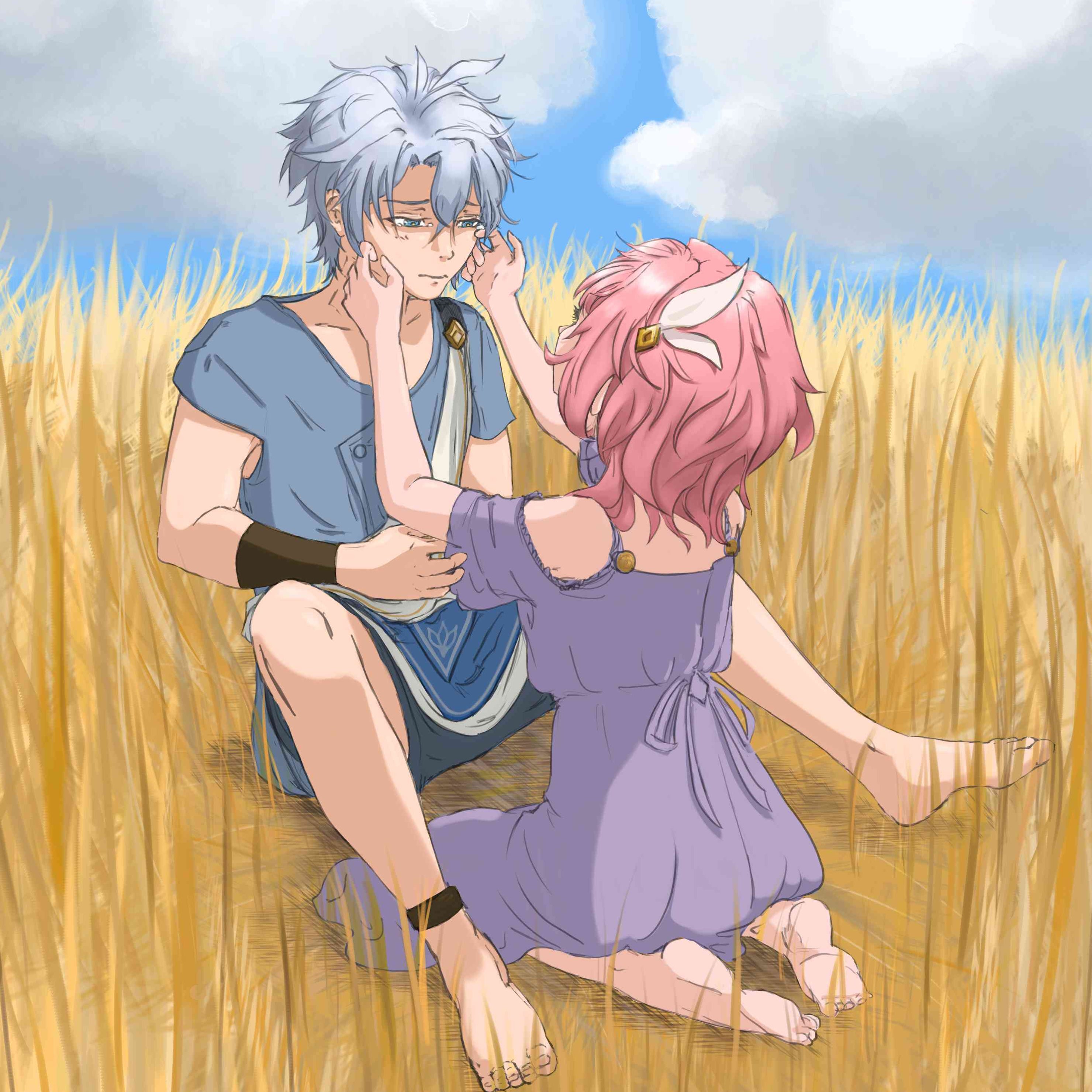 cyrene (honkai: star rail), phainon (a dream scented in wheat) (honkai: star rail), phainon (honkai: star rail), honkai: star rail, honkai (series), absurdres, commentary, english commentary, highres, 1boy, 1girl, ahoge, bare shoulders, barefoot, blue shirt, blue shorts, blue sky, cloud, cloudy sky, dress, feet, hair ornament, looking at another, outdoors, pink hair, purple dress, rebeezm, shirt, short hair, shorts, sky, soles, toes, wheat, wheat field, white shirt