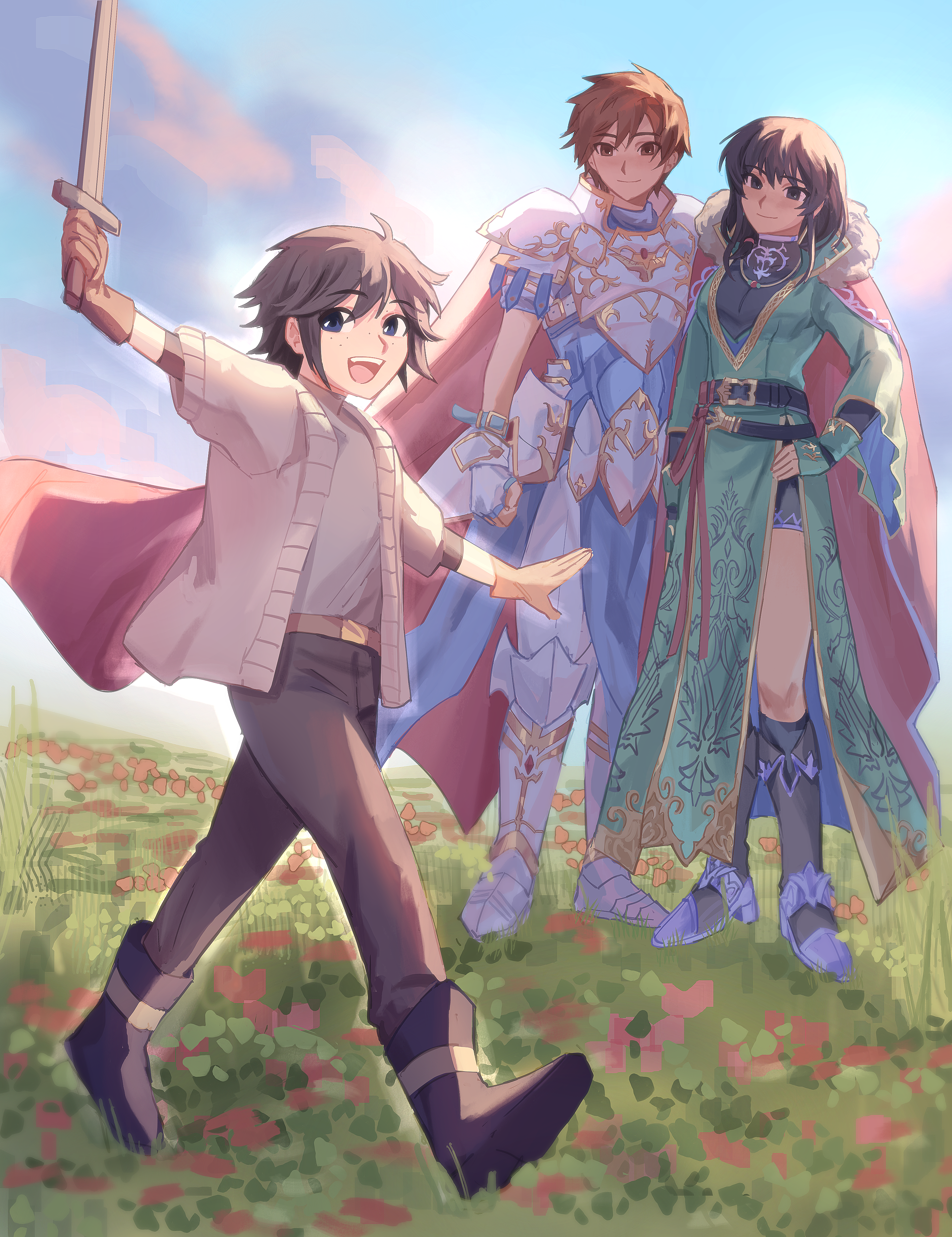 babykatafan, leif (fire emblem), leif (sworn to country) (fire emblem), mareeta (astra awakened) (fire emblem), mareeta (fire emblem), fire emblem, fire emblem: genealogy of the holy war, fire emblem: thracia 776, fire emblem heroes, nintendo, original, absurdres, commission, commissioner upload, highres, 1girl, 2boys, holding, holding sword, holding weapon, multiple boys, nagashiro (catnipium), official alternate costume, sunset, sword, weapon