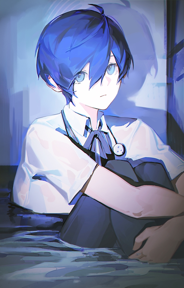 yuuki makoto (persona 3), persona, persona 3, commentary request, 1boy, 44xxmm, :/, ahoge, black pants, blue eyes, blue hair, blue ribbon, blue theme, digital media player, double-parted bangs, frown, gekkoukan high school uniform, hands on own legs, indoors, knees up, looking at viewer, pants, partially submerged, ribbon, school uniform, shadow, shirt, short hair, sitting, solo, water, white shirt
